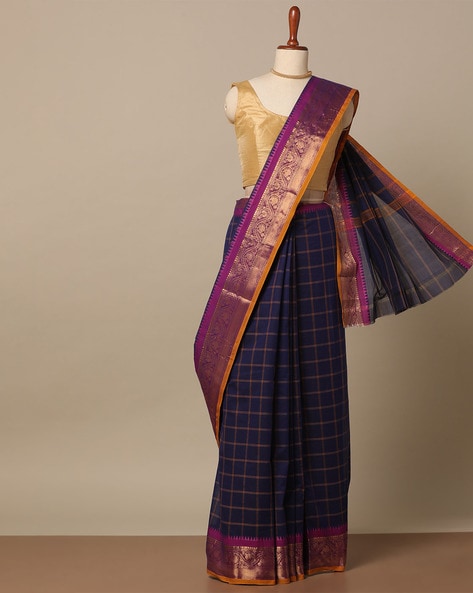 Grey Black Cotton Checks Cotton Saree