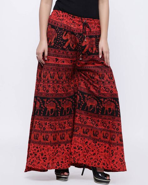 Fashion Beautiful Red Printed Cotton Freesize Palazzo Pants+