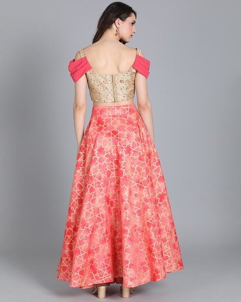 Dark blue double layered skirt with cold shoulder blouse & hand embroidered  lehnga - Godwit Khadi