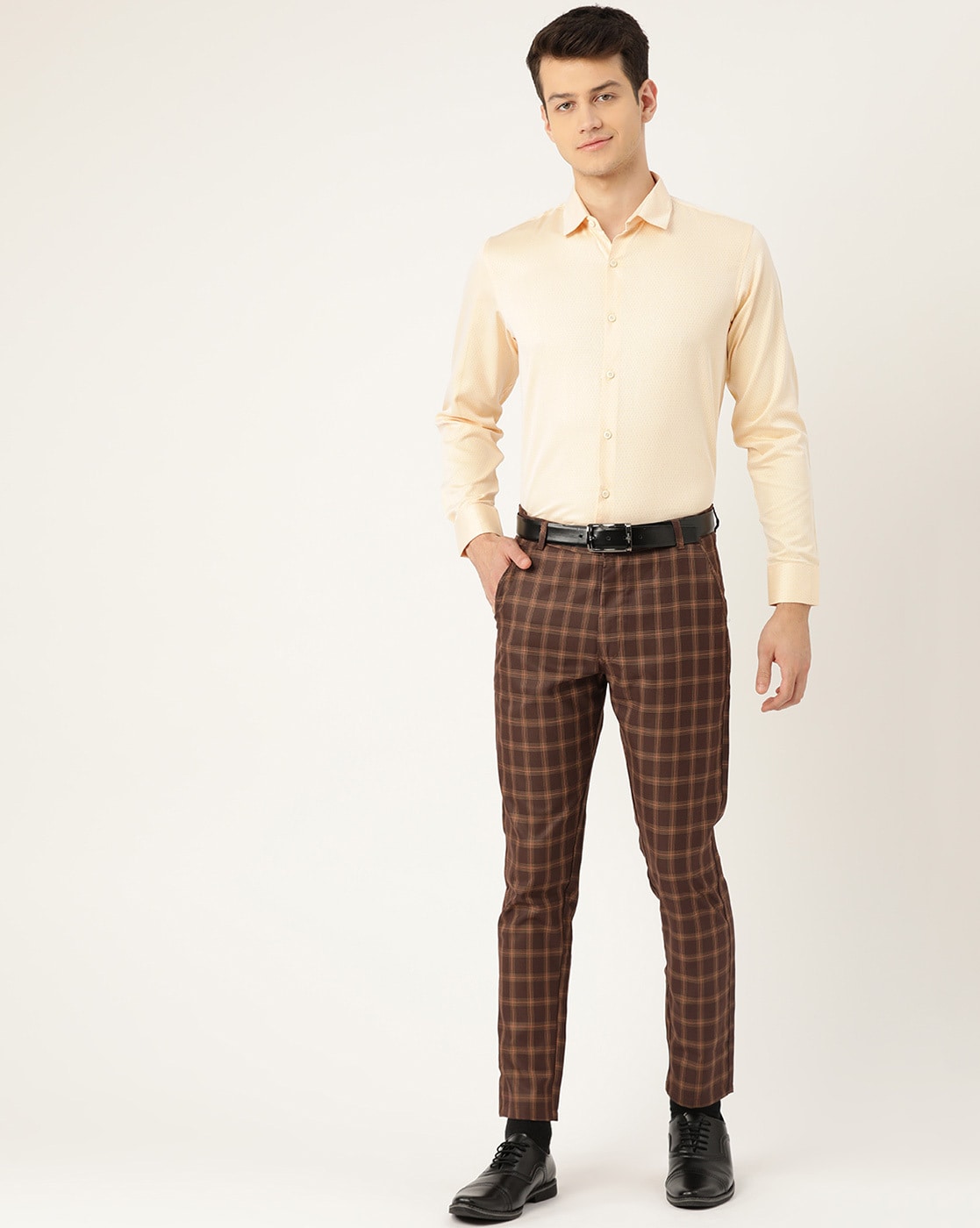 Sojanya (Since 1958) Men's Cotton Blend Khaki & OffWhite Checked Formal  Trousers