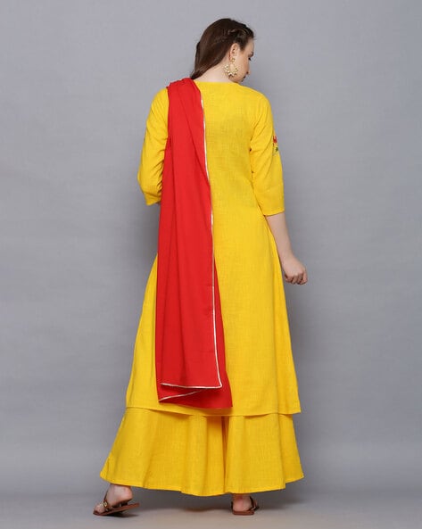 Mustard Colored Golden Print Heavy 14kg Rayon Kurti Pant With Dupatta –  Apparel Designer