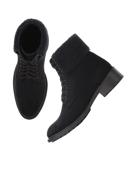 Black fur lace up shops boots