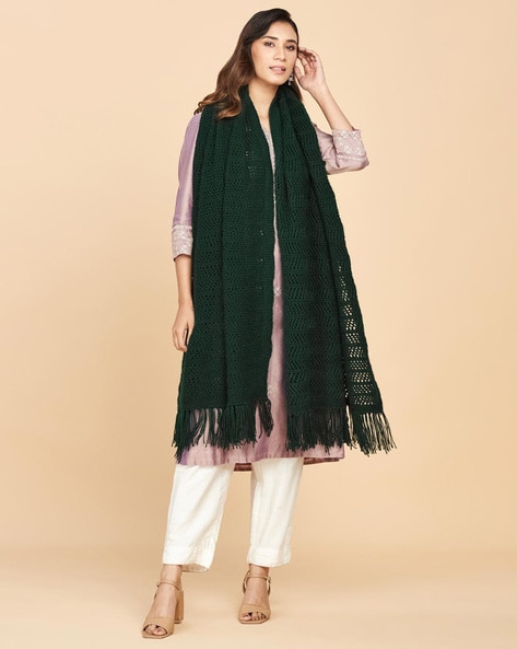 Pointelle-Knit Shawl with Fringes Price in India