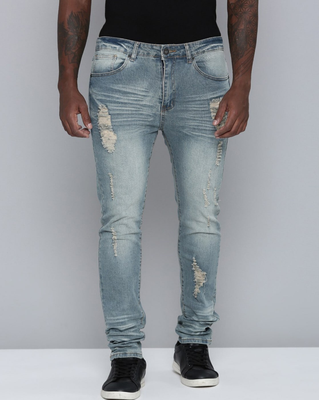 Buy Men Light Blue Cotton Slim Fit Narrow Length Ripped Jeans