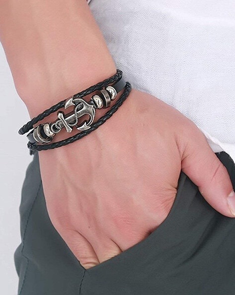 316L Stainless Steel Gold IP Anchor Cross Double Braided Leather Bracelet,  8.5