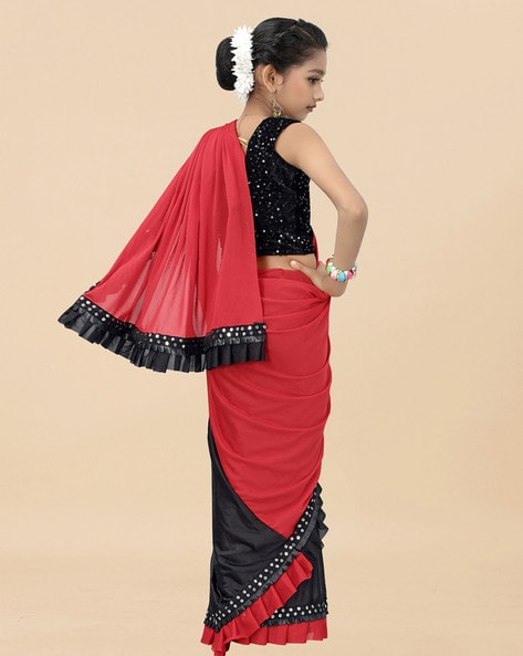 Kid's Ready to wear dark hot pink colored Saree for girls with Diamond work  stitched blouse - Stricharitra - 4056306