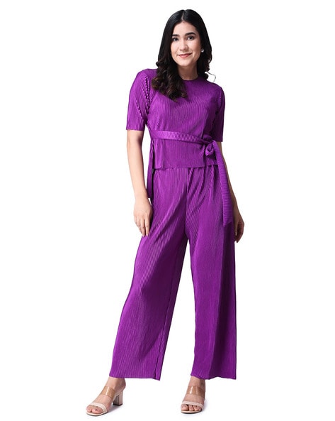 Popwings Ribbed Top with Trousers Set with Waist Tie-Up