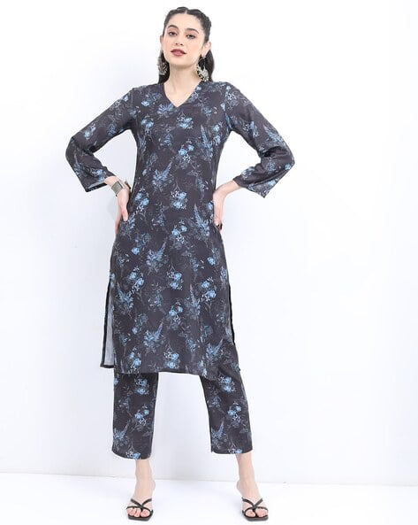 Ketch Floral Print V-Neck Straight Kurta Set
