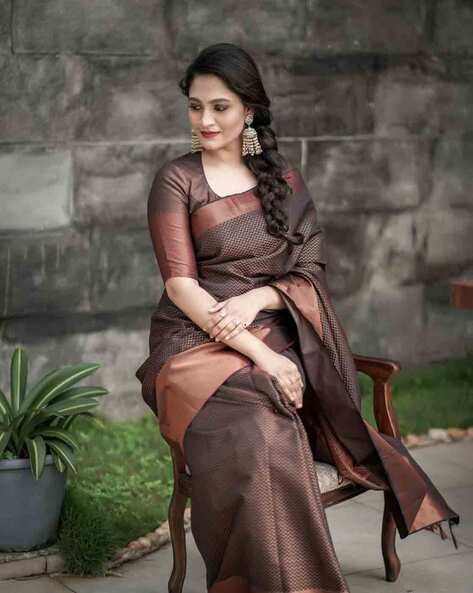 Free full draping )Grey and copper gold silk saree with hand worked b –  Threads