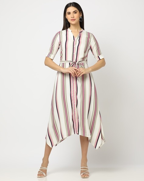 Striped Shirt Dress with Waist Tie-Up