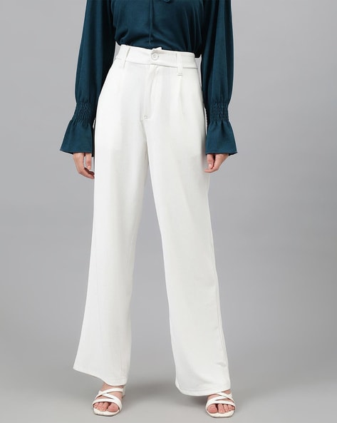 Women White Pleated Straight Stretchable Pants