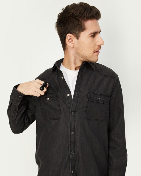 The Kooples Black Waxed Denim Snap Front Shirt – Taelor.Style