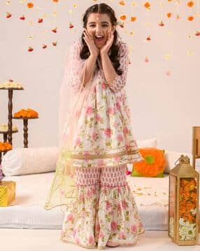 Floral Print Kurta Sharara with Dupatta Set