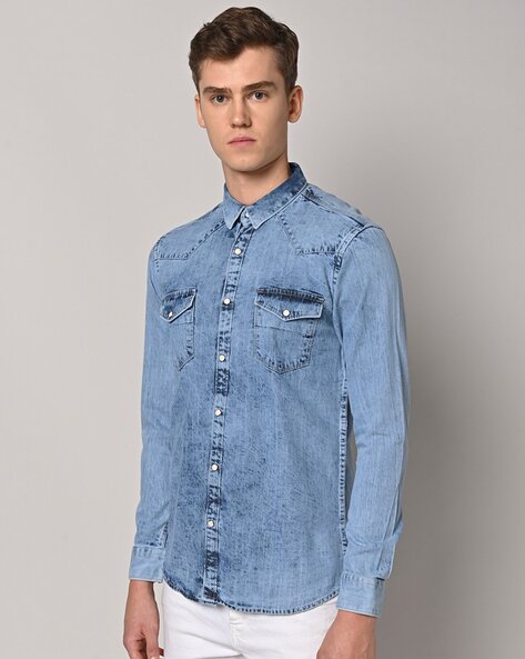 Denim Shirt Long Sleeve | Denim shirt men, Black denim shirt, Dark denim  shirt