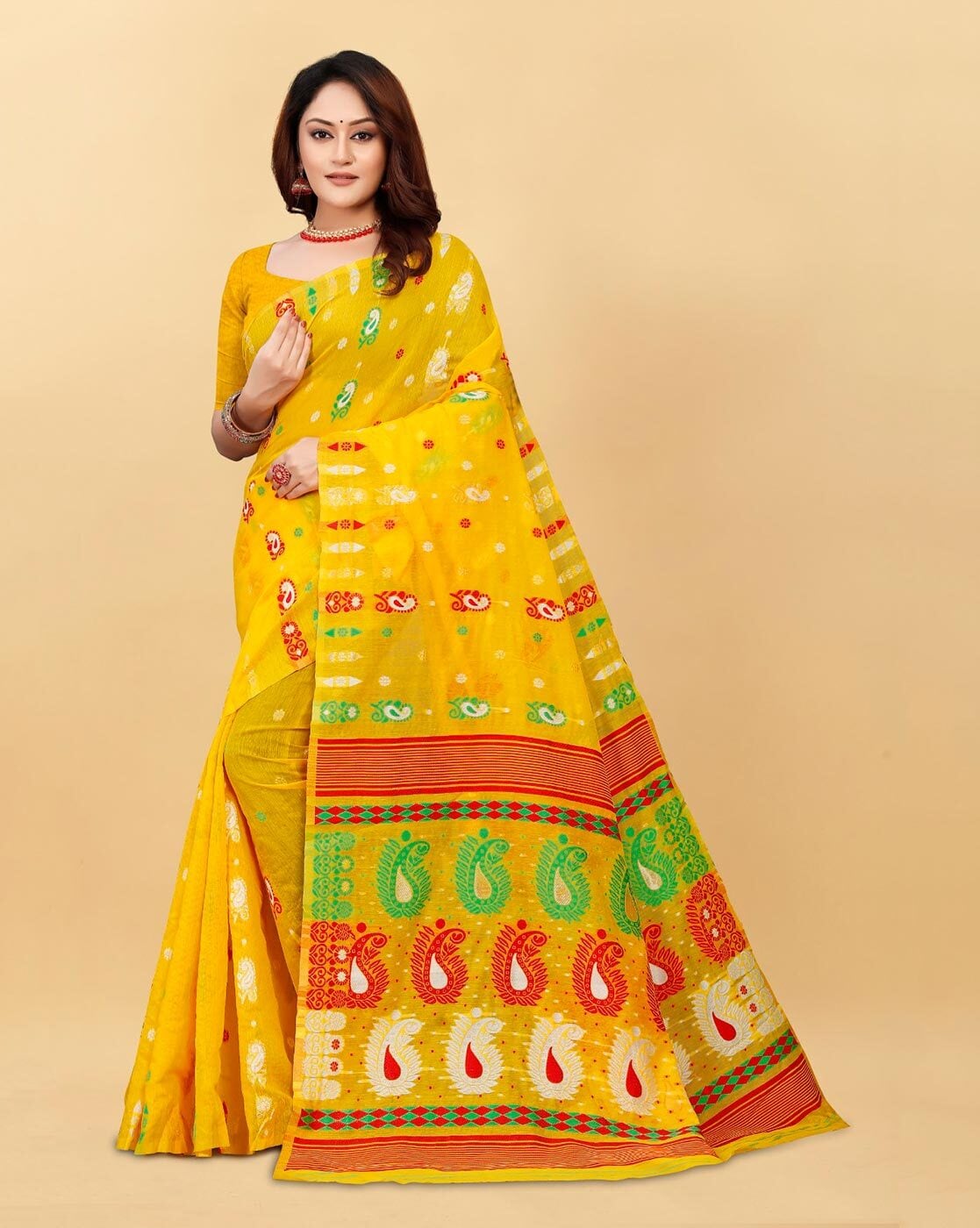 Premium Quality Soft Dhakai Jamdani Saree with Karat Design - White and  Yellow - The Bong Collection