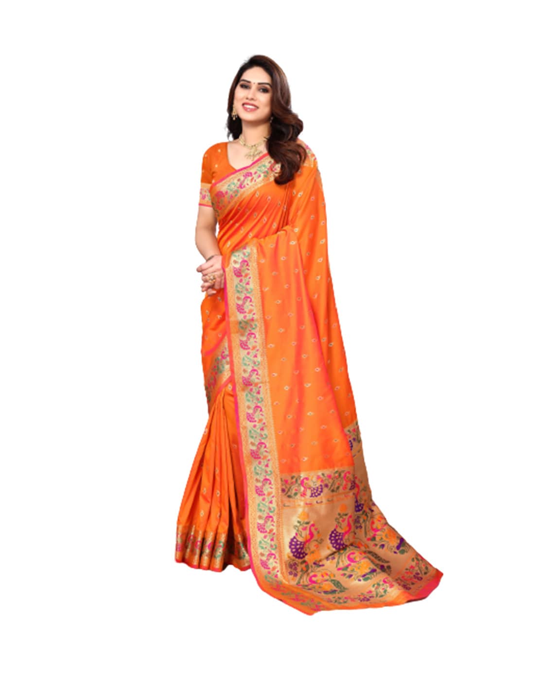 Buy Leelipeeri Designer Women Orange Silk Blend Paithani Saree