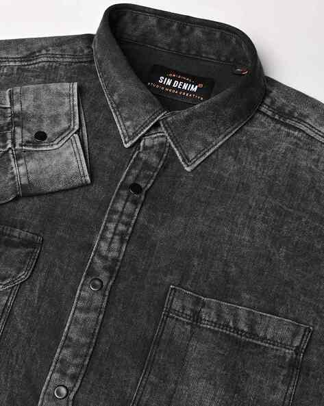 Faded Denim Black Shirt Mens Regular Fit Faded Denim Overshirt