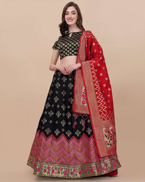 Black Colored Banarasi Silk Lehenga Choli Stitched - Designerkloth