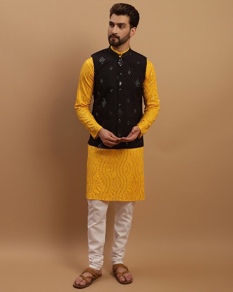 Mustard silk polka dotted nehru jacket by Desi Doree | The Secret Label