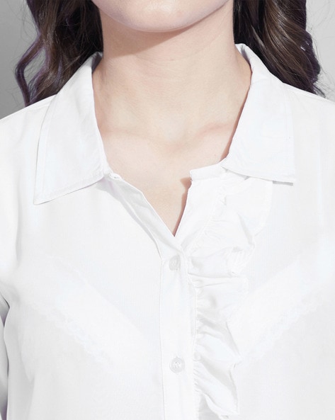 The Collared Ruffle See-through Blouse - Women's White Long Sleeve