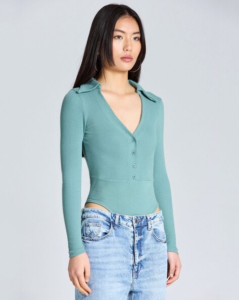 Ribbed Short Sleeve Button Down Bodysuit