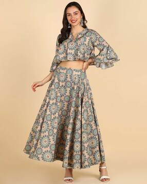 znx clothing Floral Print Crop Top with Flared Skirt-picture-17