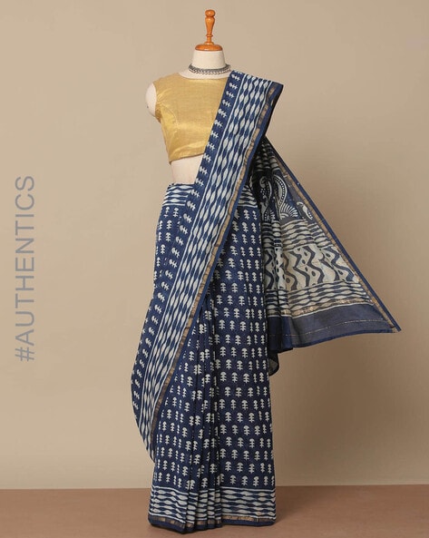 Small Motifs Hand-Block Printed Chanderi Saree - Oorjaa Shopping