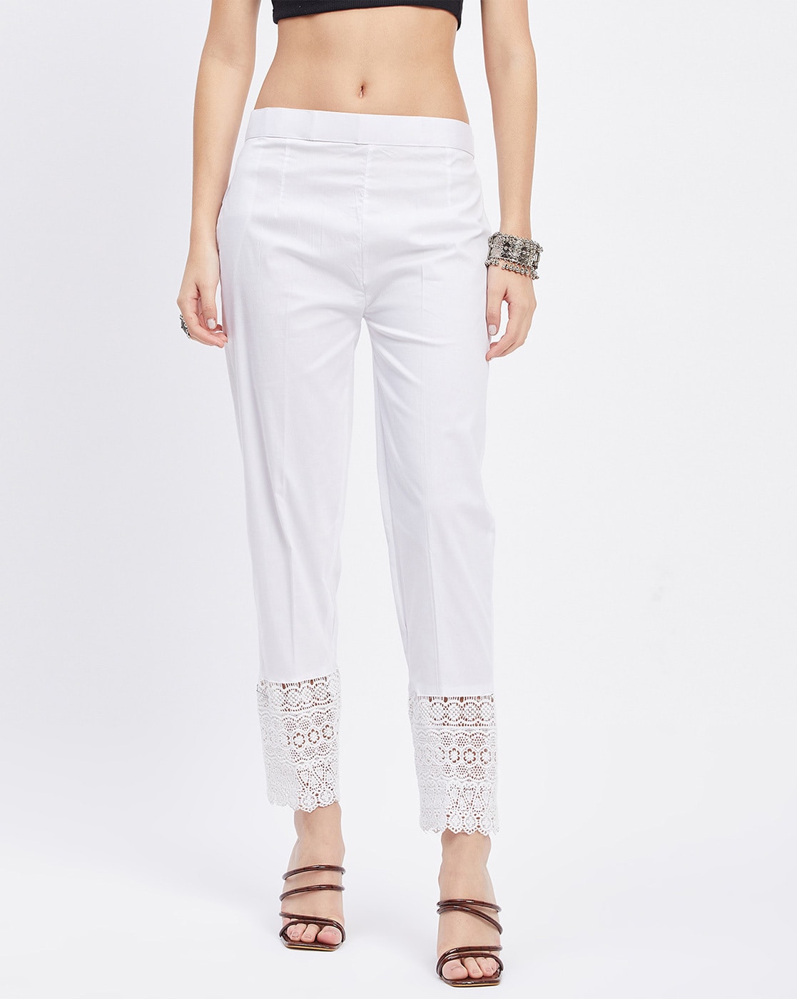 Buy NICE WONDER Womens White Cotton Lycra Trouser Pants with lace  Embroidery Design and Pockets,Size 28 to 42 (28, White) at Amazon.in