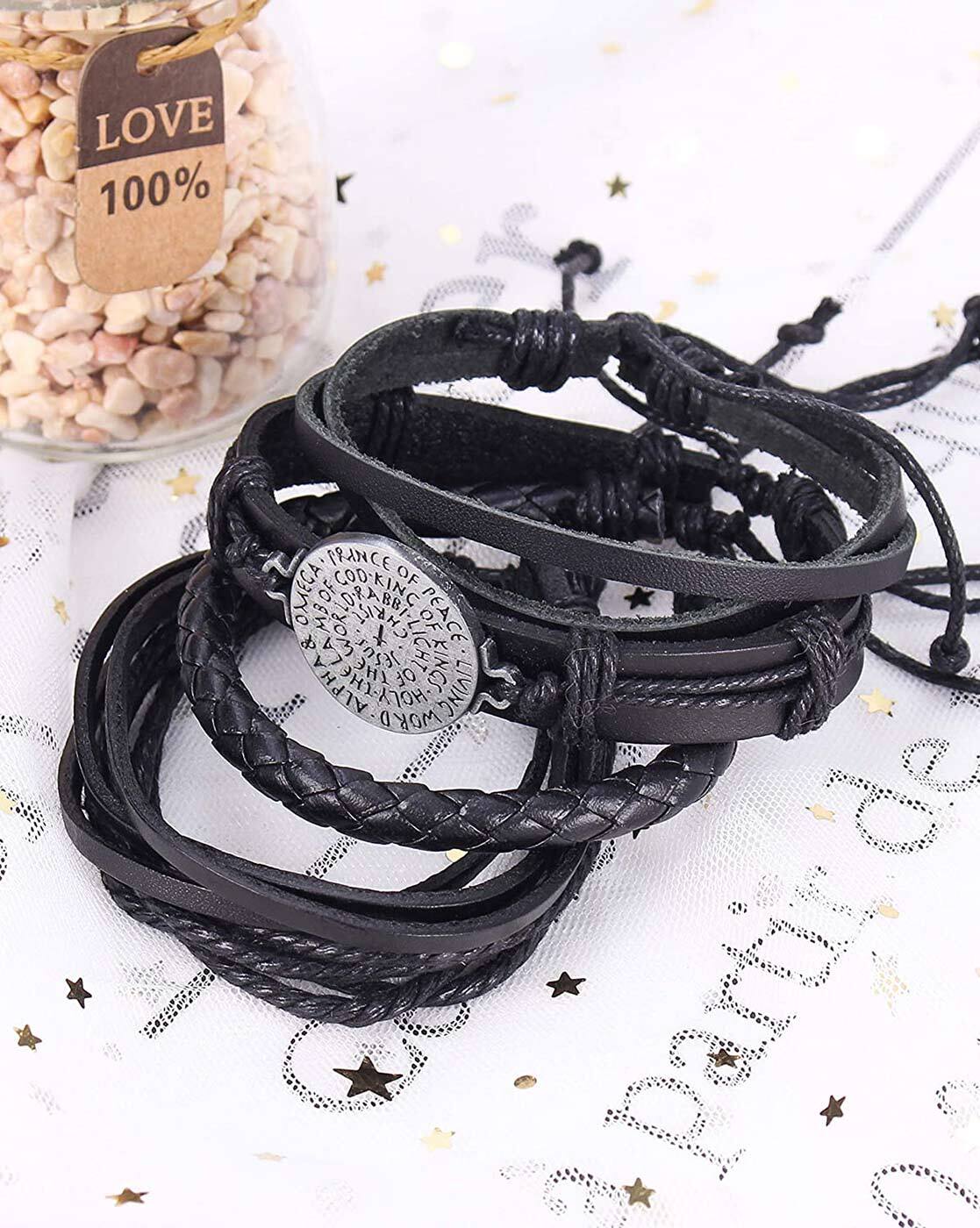 Men's Black Braided Leather Bracelet with Textured Clasp - 9623659 | HSN