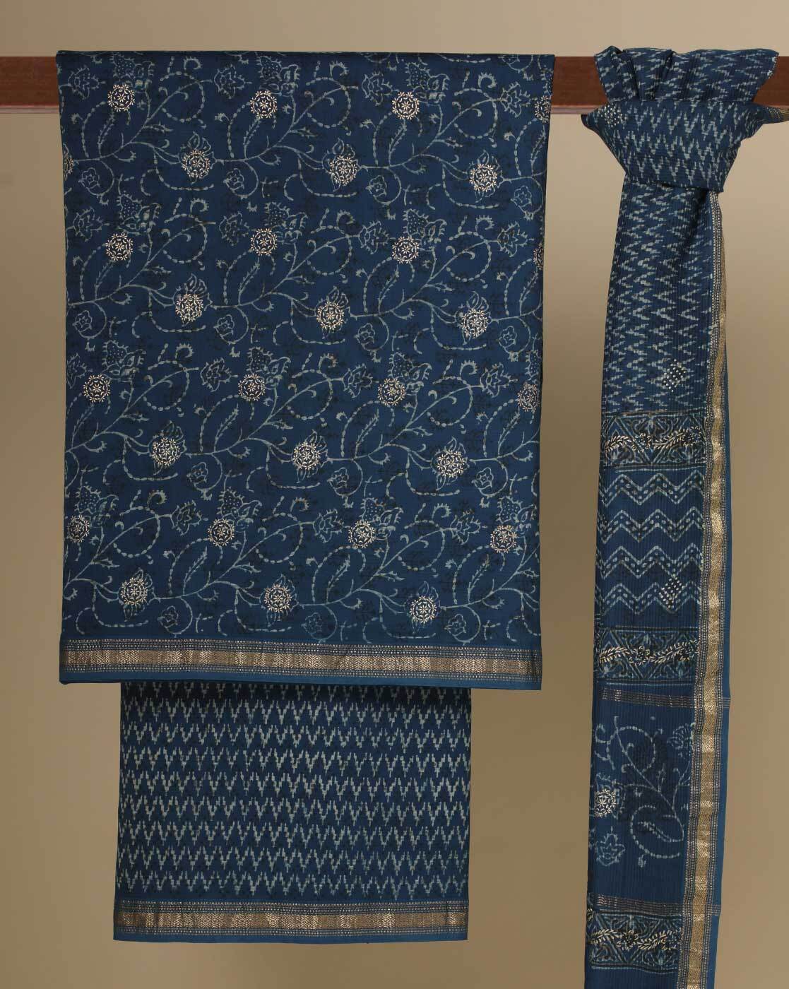 Fascinating Indigo Print Cotton Salwar Suit with Chiffon Dupatta