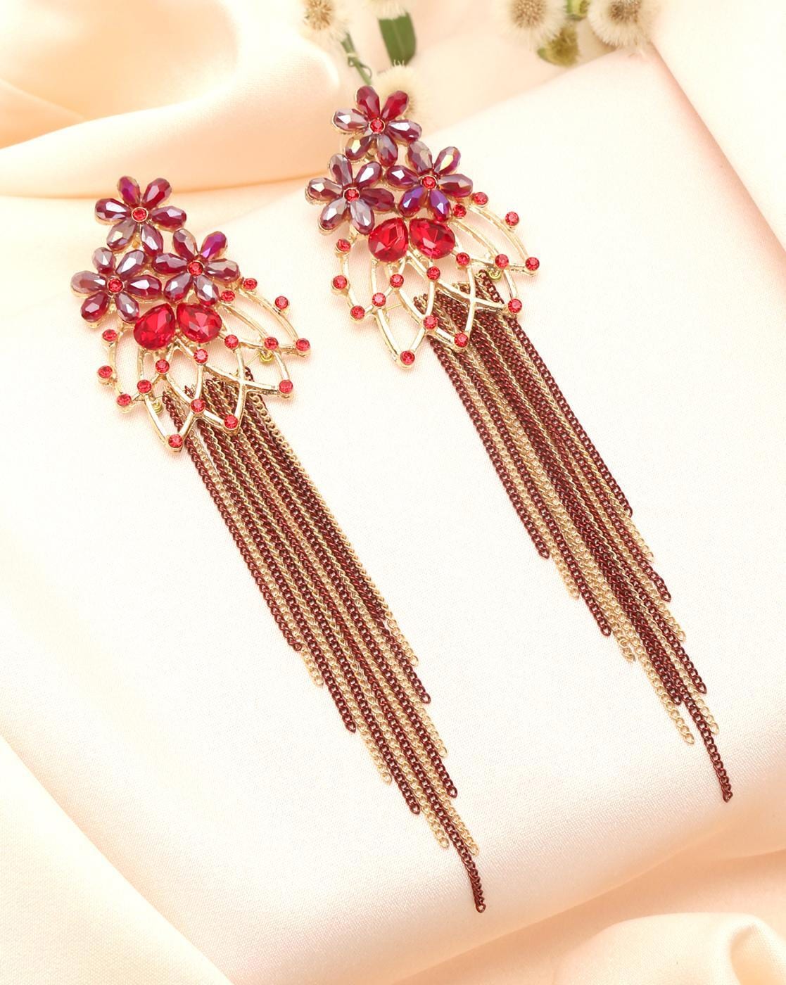 Silver Red Silk Tassel Earrings Long | Asian Boutique Jewelry from New York  | Yun Boutique