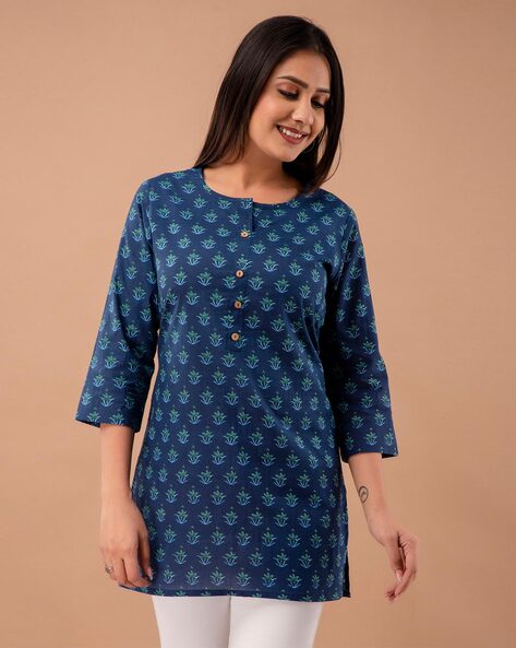 Indian Women Blue & White Geometric Printed 100% COTTON Kurta Kurti Top  Tunic | eBay