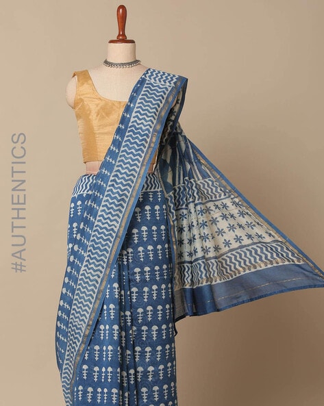 Divena Printed Saree : Buy Divena Indigo Blue Hand Block Chanderi Silk Saree  With Unstitched Blouse Online | Nykaa Fashion