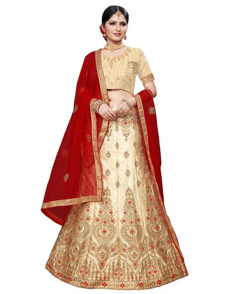 Nitika Gujral | Ivory Tafetta Bridal Lehenga Choli Set With Red Dupatta |  INDIASPOPUP.COM