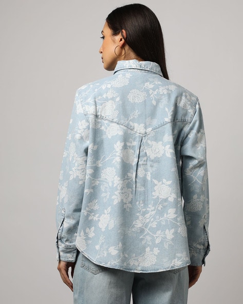 Vintage Denim Shirt Embroidery Women Floral Button-Up Size Medium Blue  Roses Top | eBay