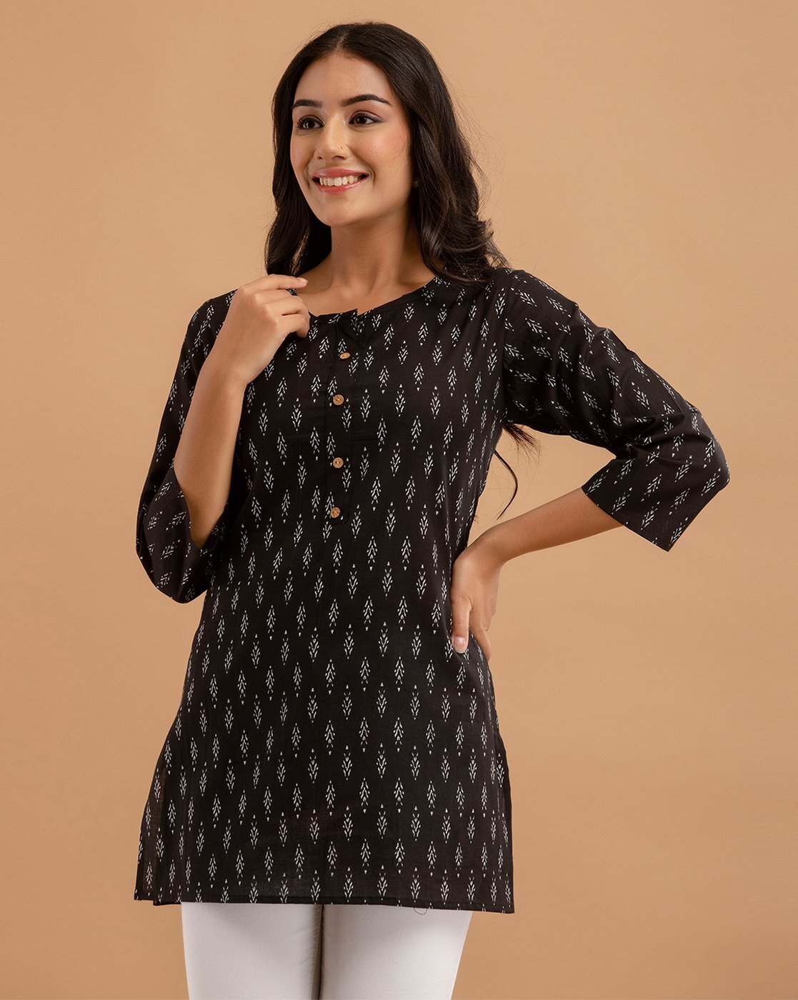 Black Color Cotton Fabric 3/4th Sleeves V-Neck Casual Short Kurti
