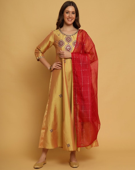 Buy Yellow Embroidery Georgette Readymade Festive Gown With Dupatta From  Ethnic Plus
