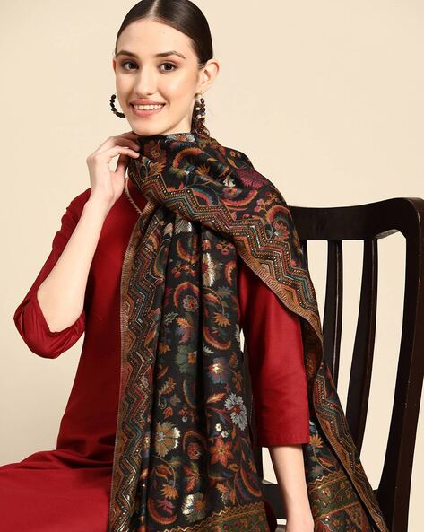 Floral Print Dupatta with Fringed Border Price in India