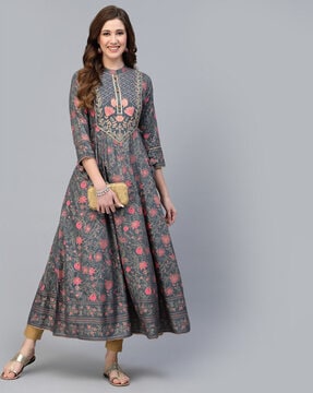 Buy Monique Brand Present Jaipuri Printed Long Anarkali Pattern Blue Color Ankle  Length Kurti for Women (MQ-ANARKALIBLUEBUTA-03M_38_) at Amazon.in