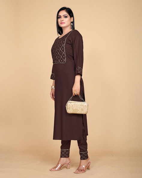 Straight Cut Coffee Brown Cotton Silk Kurta with Elegant Embroidery wo –  Sujatra