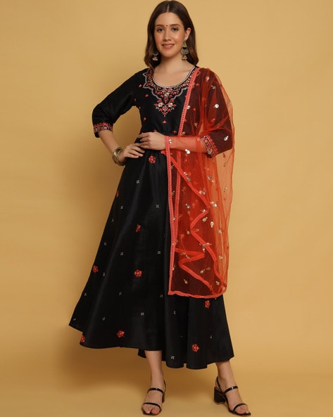 Dola Silk Party Wear Gown Black & Red Color with Embroidery Work - Gown