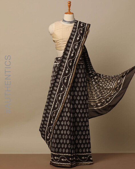 Buy Chanderi Saree Black with Blouse Piece - Flourish