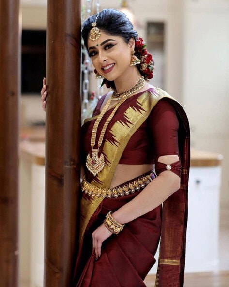 KARAGIRI Carmine Maroon Kanjivaram Saree With Blouse Piece : Amazon.in:  Fashion