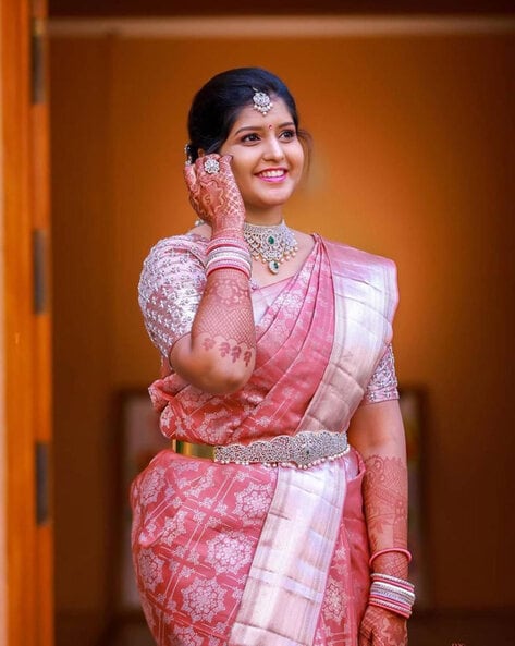 Light Pink and Dark Pink half n half with Silver Border Multidye Linen Saree  - Loomfolks