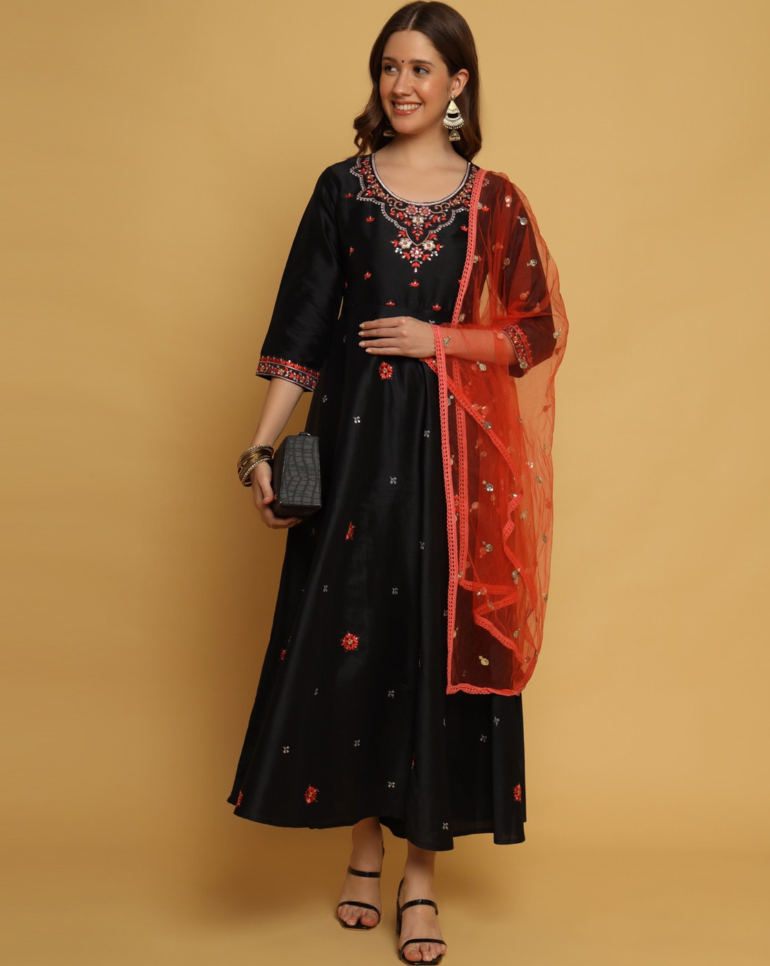 Black dress with orange hot sale dupatta