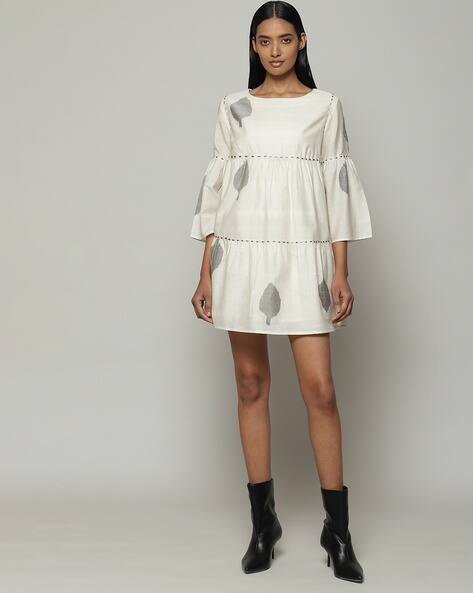 Buy Abraham Thakore Leaf Single Ikat Cotton Silk Dress Ivory