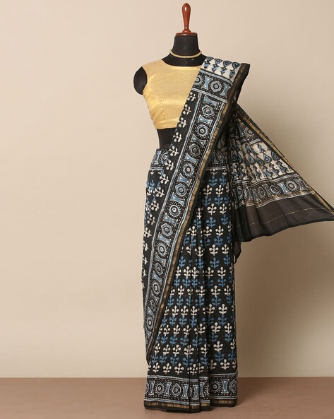 Utsav Navy Blue silk cotton silver Zari Chanderi Saree