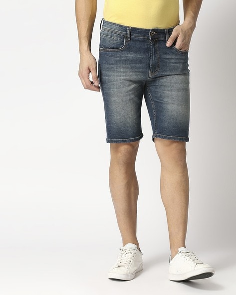 Men Heavily Washed Distressed Regular Fit Denim Shorts