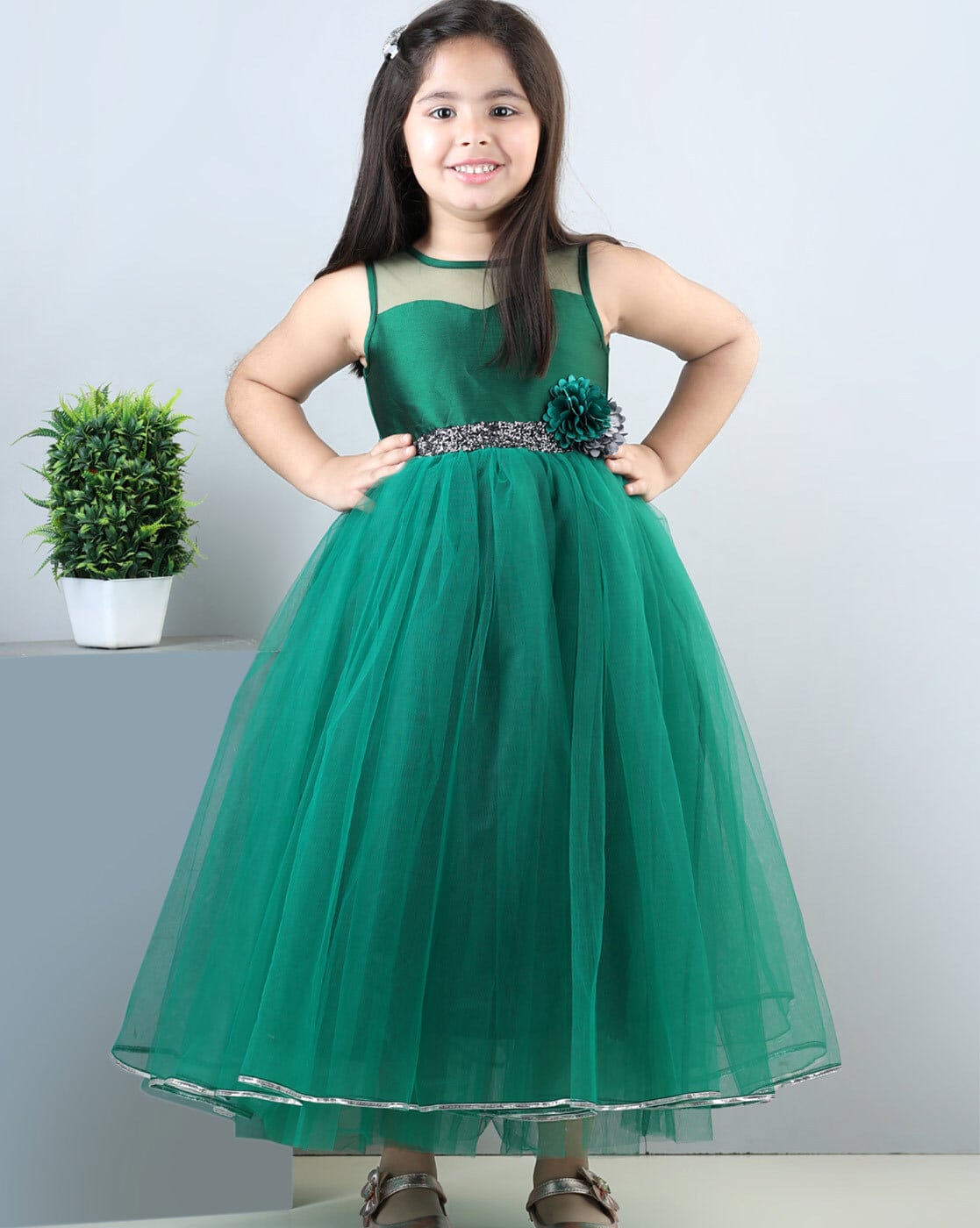 Shop now Girl's Green Printed Layered Dress | At Stylobug