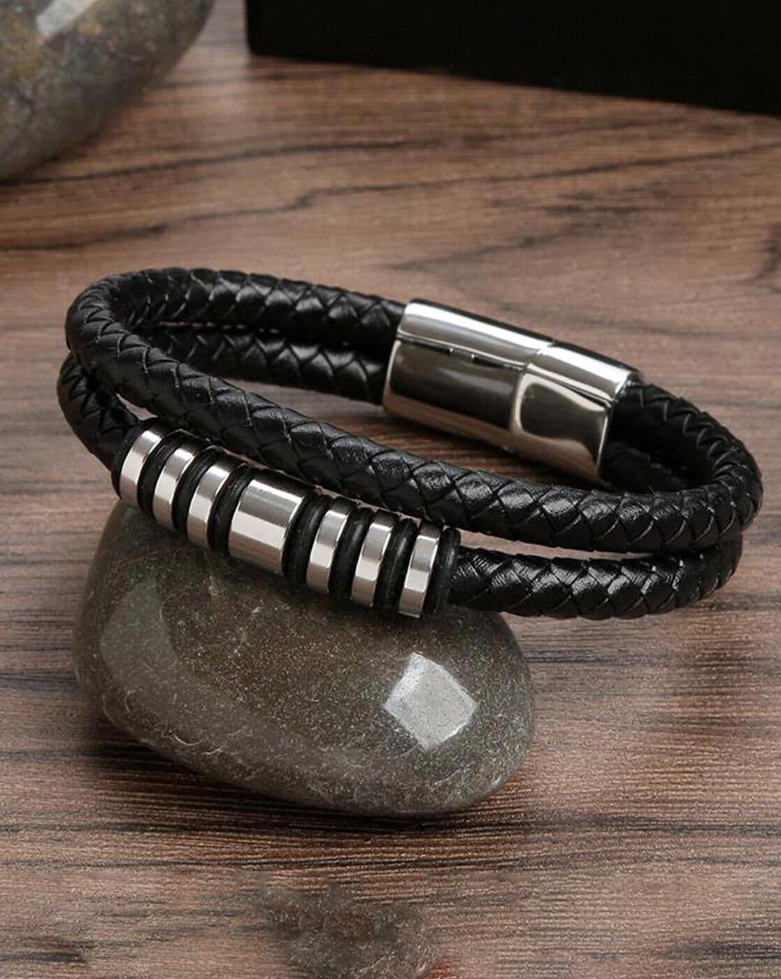 Fashion Frill Silver Plated Leather Bracelet For Men (Black, OS)